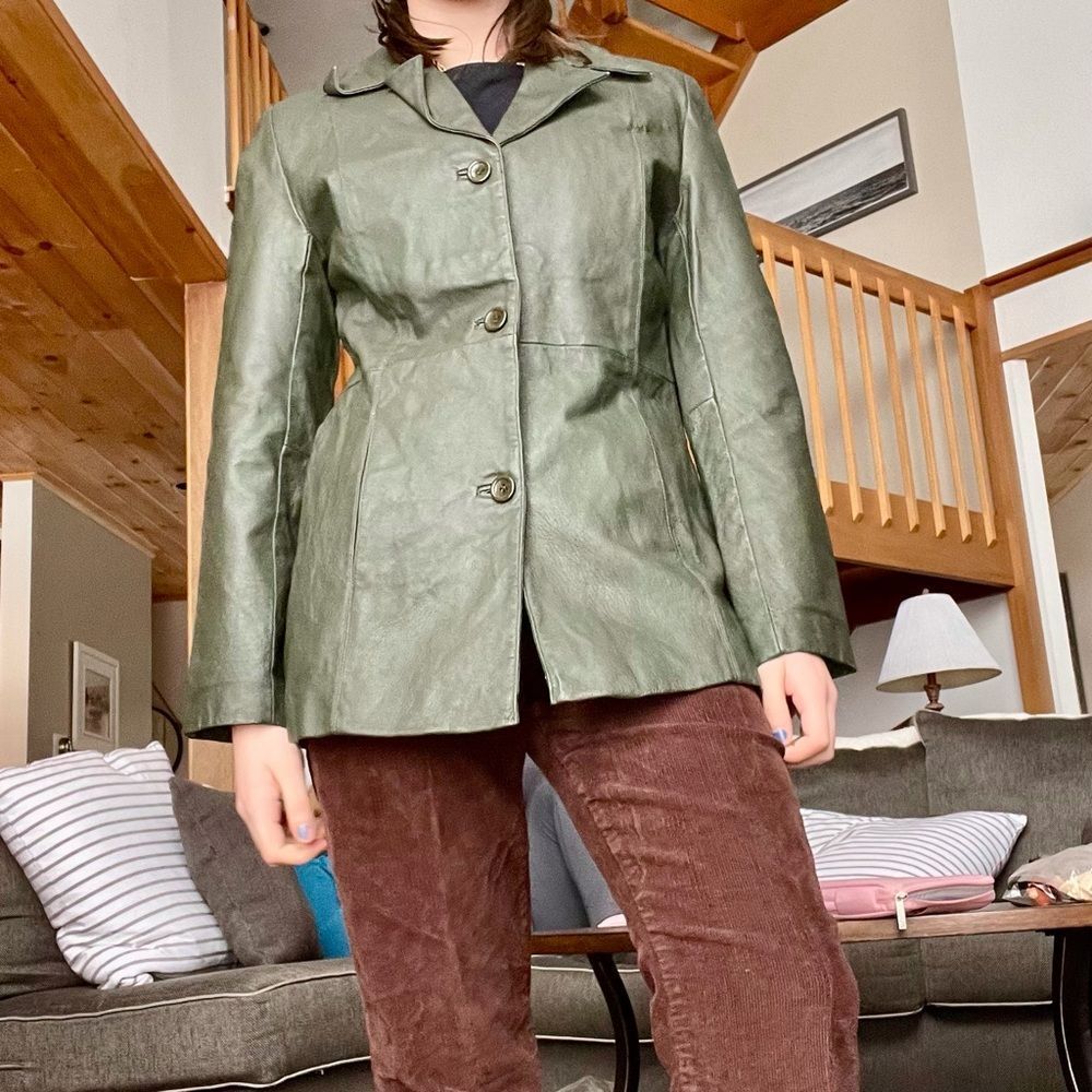 Green leather button jacket - Picture 6 of 7